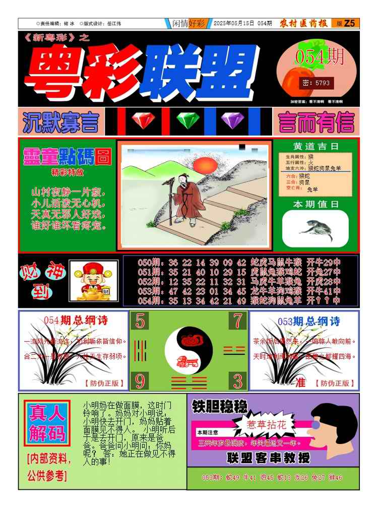 054期：彩民推荐：≮新粤彩≯→（博彩必备）